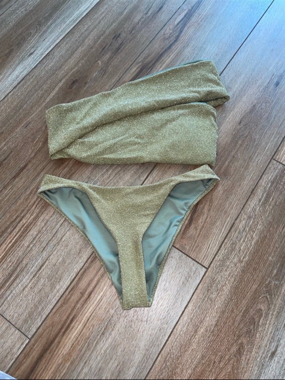 Baobab Goa One Shoulder Bikini Top and Bottom Glitter Green S/M